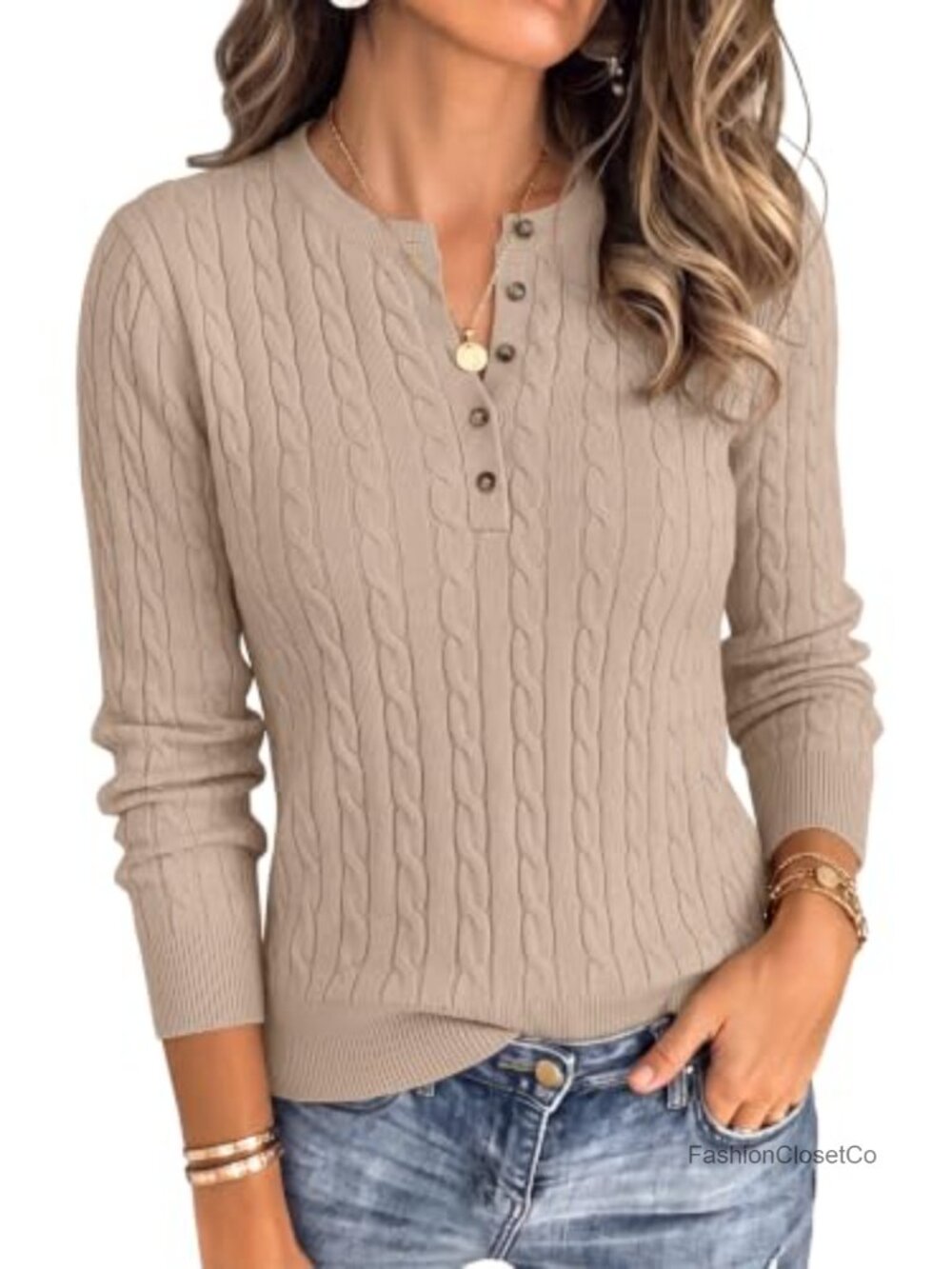 Women's Cable Knit Henley Sweater Pullover Long Sleeve Fall Cozy